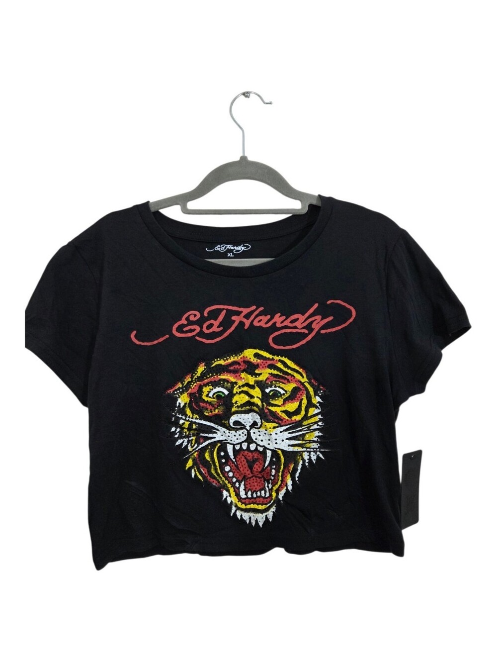 NWT Ed Hardy Tiger Head Rhinestone Baby Tee Y2K Retro Black Size XL